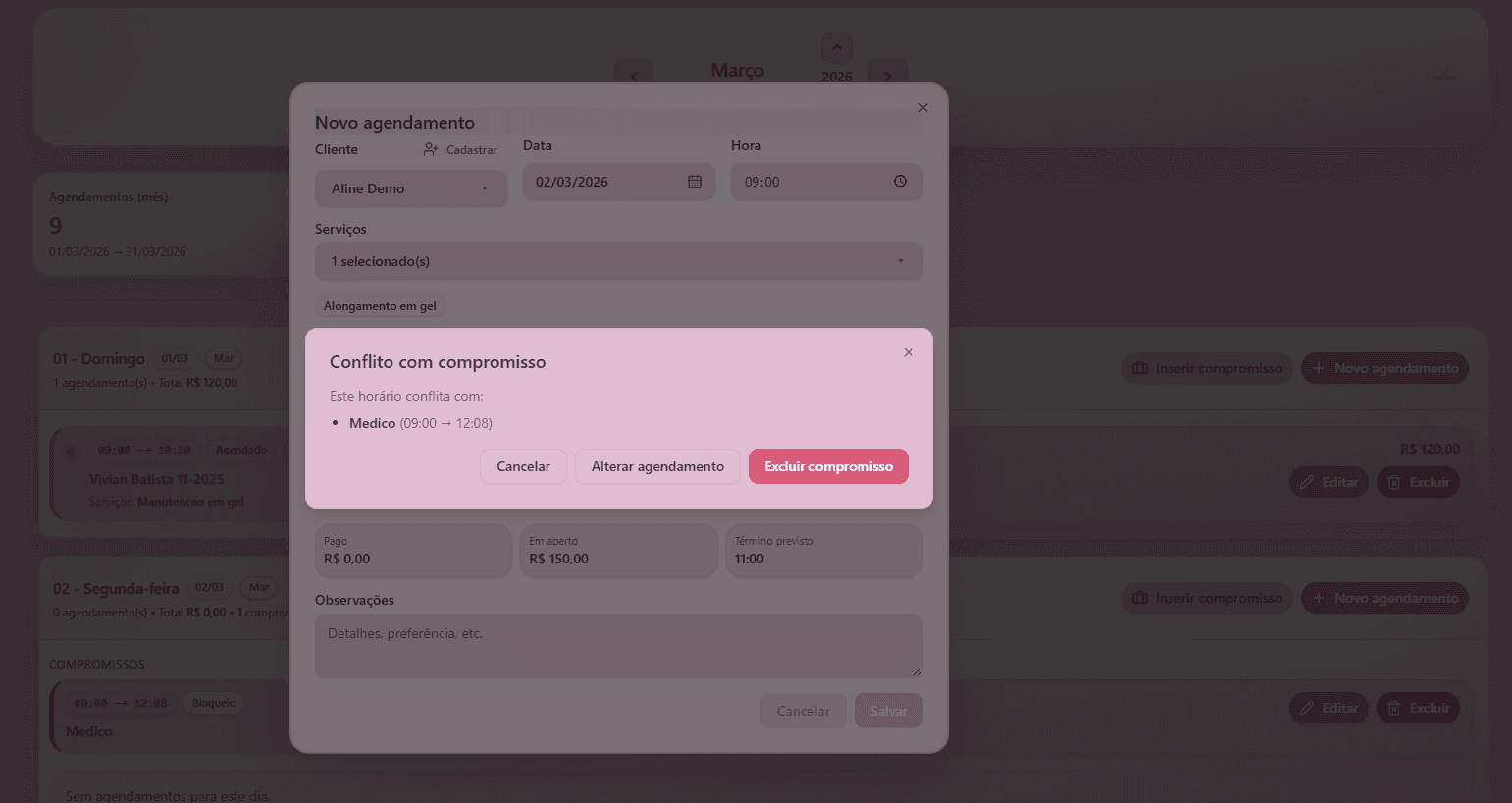 Tela do Studio na Mão alertando conflito de horário com compromisso já cadastrado.