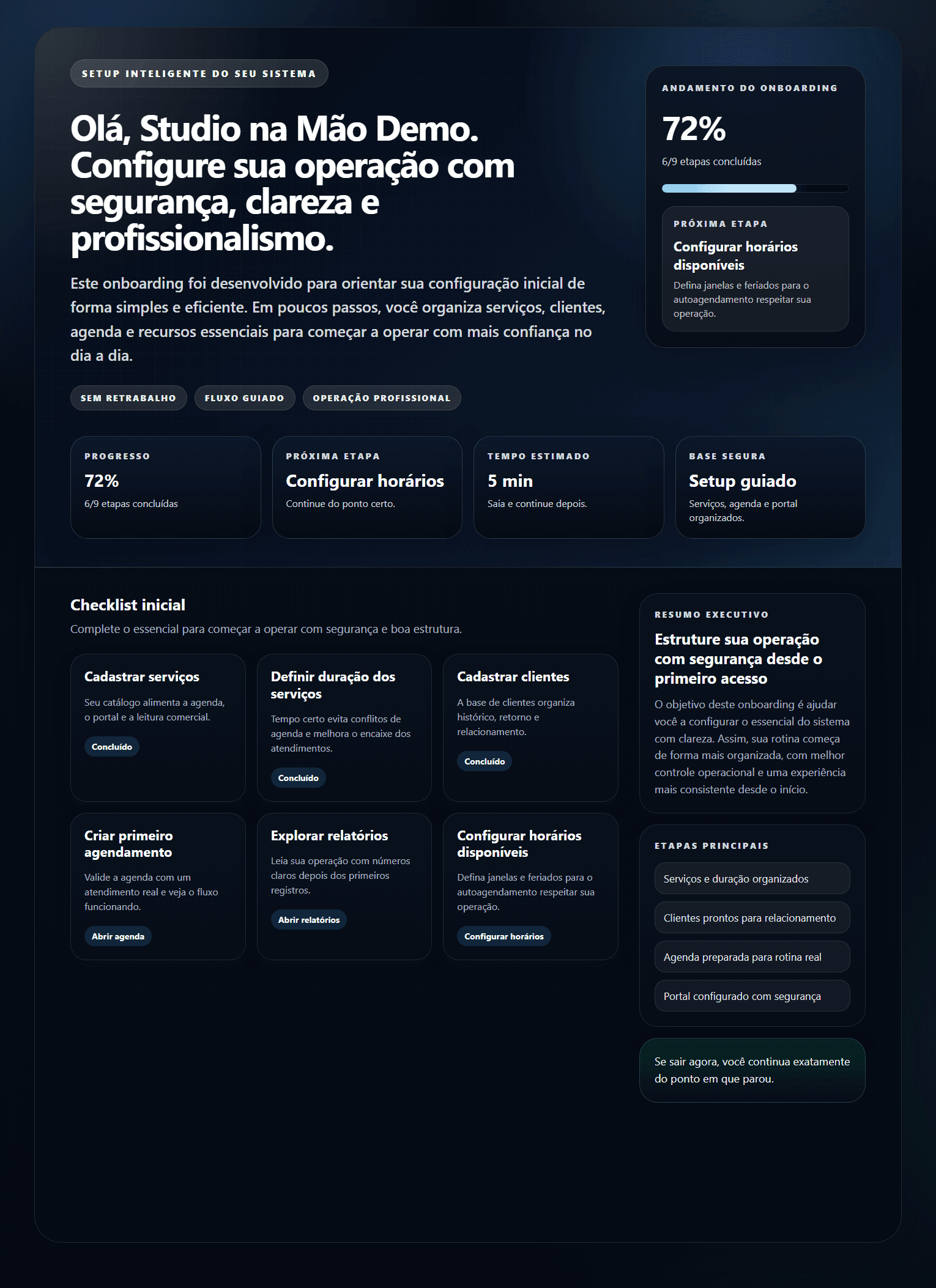 Onboarding guiado do Studio na Mão para organizar agenda, clientes e serviços.