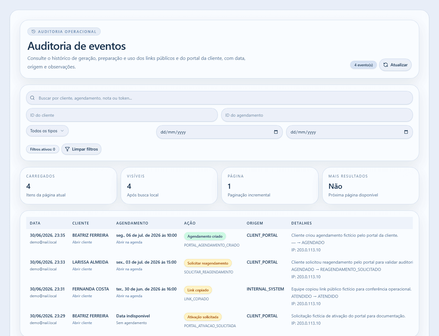 Tela de auditoria operacional