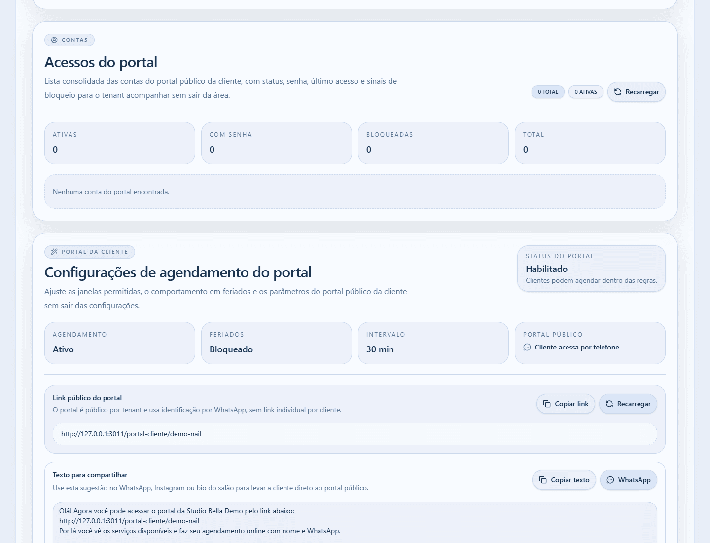 Configurações do Portal da Cliente