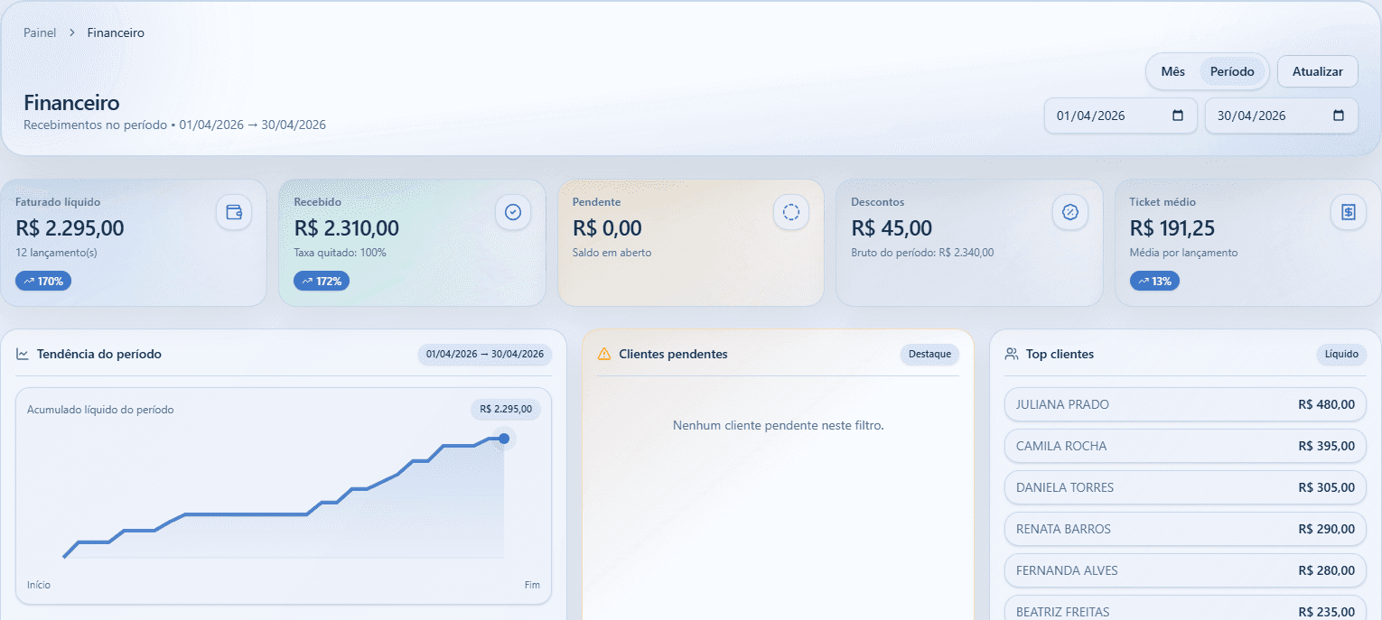 Agenda do Studio na Mão com atendimentos, clientes e financeiro.
